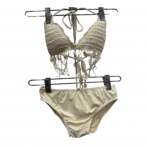 NEW PLANET SEA girl's triangle crochet bikini with fringes in white